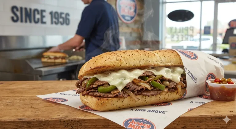 A steaming #17 Jersey Mike’s Famous Philly Cheese Steak with fresh-grilled steak, melted cheese, onions, and peppers.
