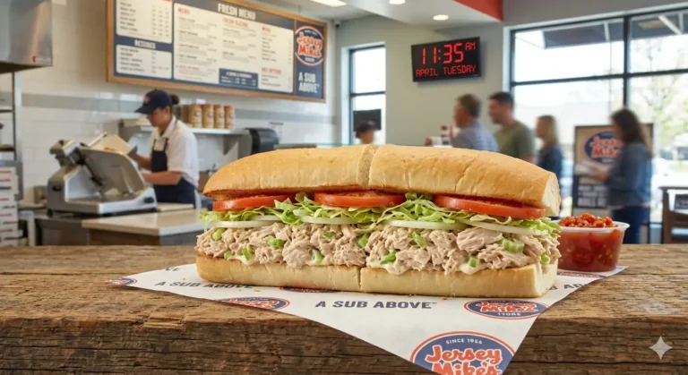 A freshly prepared #10 Jersey Mike's Tuna Fish sub on a white roll with lettuce, onions, and tomatoes, served "Mike's Way" with a side of pepper relish.