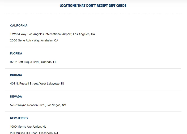 LOCATIONS THAT DON'T ACCEPT GIFT CARDS
