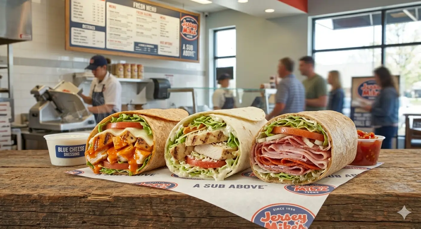 A selection of Jersey Mike’s wraps, including the Buffalo Chicken and #13 Original Italian, showing fresh ingredients in flour and wheat tortillas.